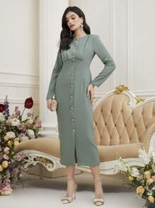 Modelyn Solid Color Button Through Long Sleeve Dress - Green - View 4