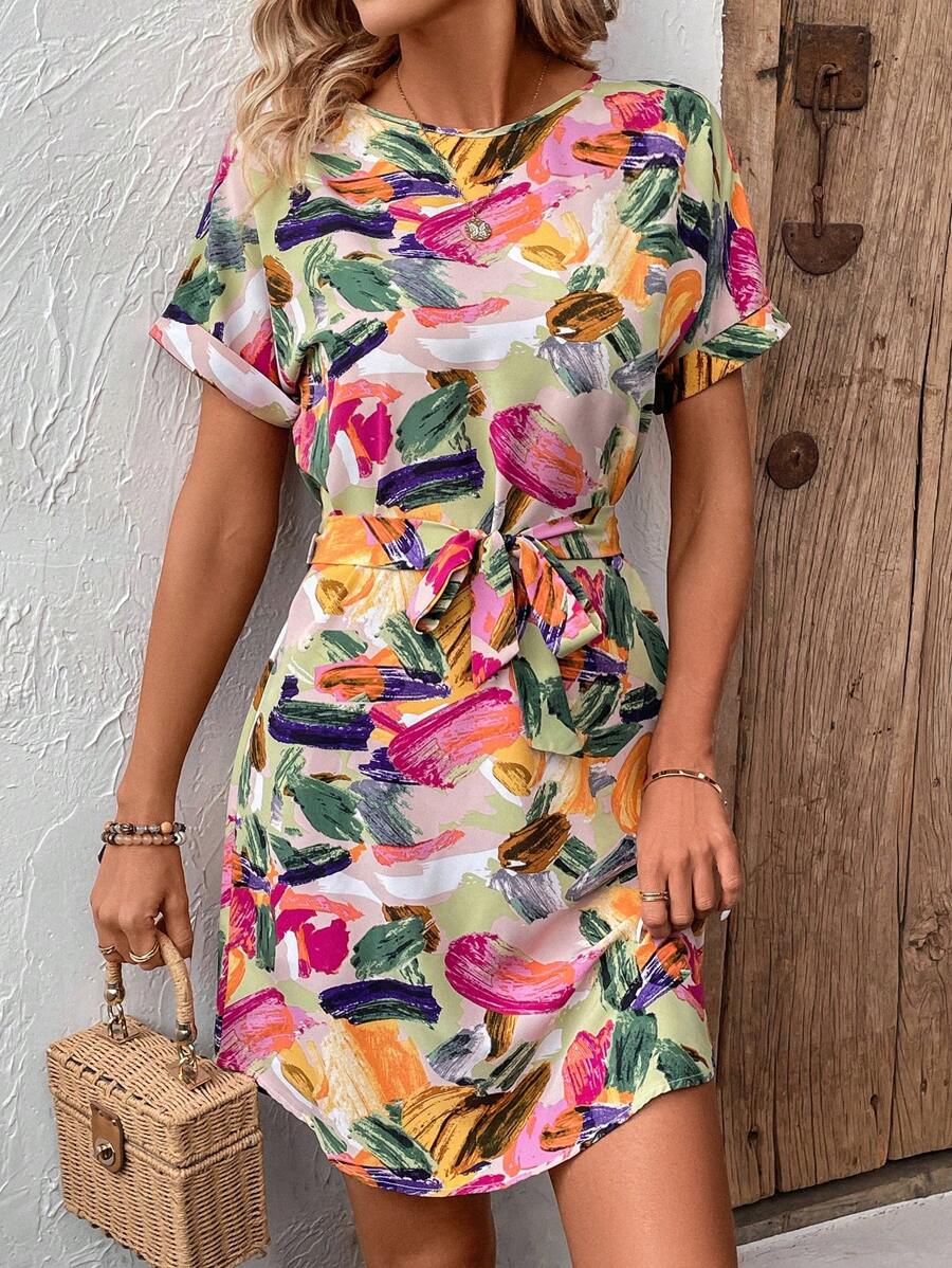 SHEIN LUNE 夏季碎花短袖女式復活節約會連身裙 - 彩色 - 查看 1