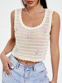 SHEIN Qutie 女士休閒花紋無袖空心針織上衣 - 杏色 - 查看 4