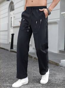 Manfinity Homme 男裝直筒褲,多拉鍊設計 - 黑色 - 查看 7