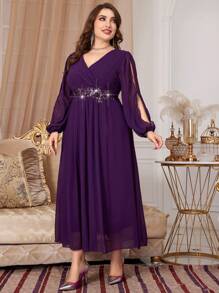 Modelyn 大尺碼女士露肩連衣裙,配有珠飾和刺繡 - 紫色 - 查看 6