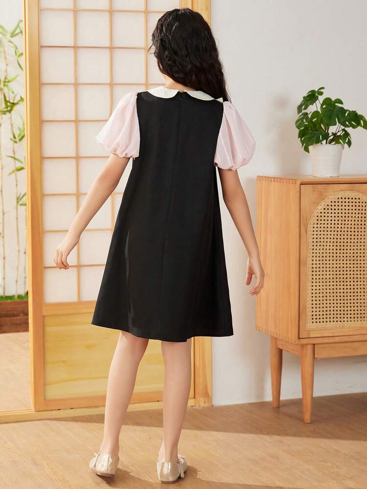 Tween Girls' Cute Peter Pan Collar Colorblock Puff Sleeve Mid-Length Dress With Perfect Fit