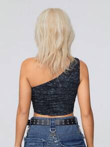 SHEIN EZwear Haut Court Asymétrique Avec Col, Effet Délavé Et Noeuds À La Teinture Pour Un Style
