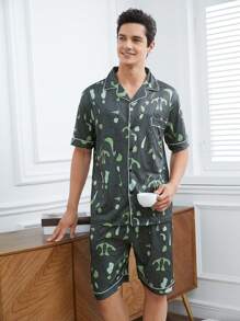 男士有口袋印花扣襯衫和短褲家居服套裝