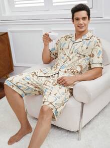Men's Full Print Design Contrast Piping Pajama Set For Home - Beige - View 3