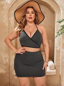 SHEIN Swim Curve 大码女式条纹吊带分体比基尼套装（3 件/套）夏季海滩 - 黑色 - 查看 3