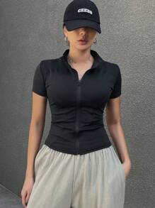 DAZY Của phụ nữ Thon gọn Mặt trước Dây kéo Áo thun - màu đen - Xem 6