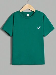SHEIN Leap Crew Cậu bé Tween Giải trí Thoải mái Vòng cổ Ngắn tay Thể thao Áo thun - Màu xanh lá cây đậm - Xem 1
