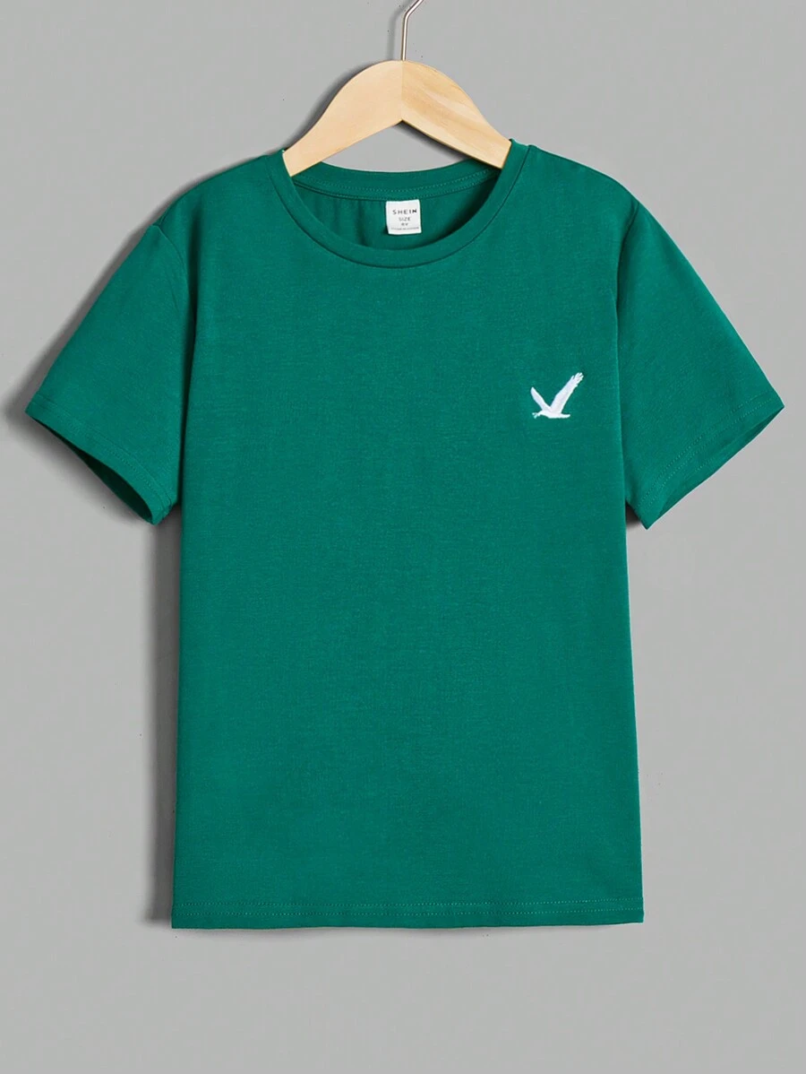 SHEIN Leap Crew Cậu bé Tween Giải trí Thoải mái Vòng cổ Ngắn tay Thể thao Áo thun - Màu xanh lá cây đậm - Xem 1