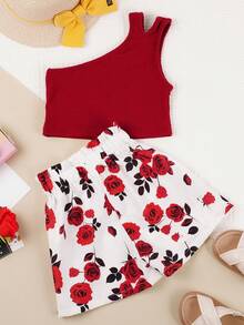 SHEIN Young Girl's Lovely Oblique Shoulder Red Top With Paper Bag Waist & Rose Printed Shorts 2pcs Outfit