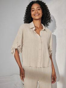 Ocili Top De Ropa De Hogar Suelto Con Hombros Caídos Y Rayas - Caqui - Ver 6