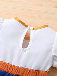 Elegante en zoete pofmouwen kleurblok sterren bedrukt patchwork koe bedrukte prinsessenjurk voor babymeisjes, perfect voor zomerfeesten, vakanties en vrijetijdskleding