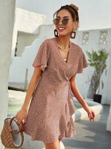 Breezaya Chấm bi Bọc Dây thắt lưng Đầm - Bụi hồng - Xem 4