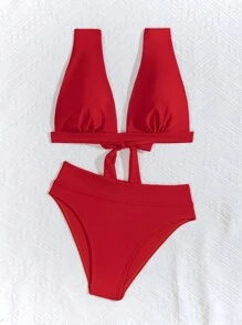 SHEIN Swim 女式高腰两件套比基尼套装（后系带）夏季海滩 - 紅色 - 查看 1