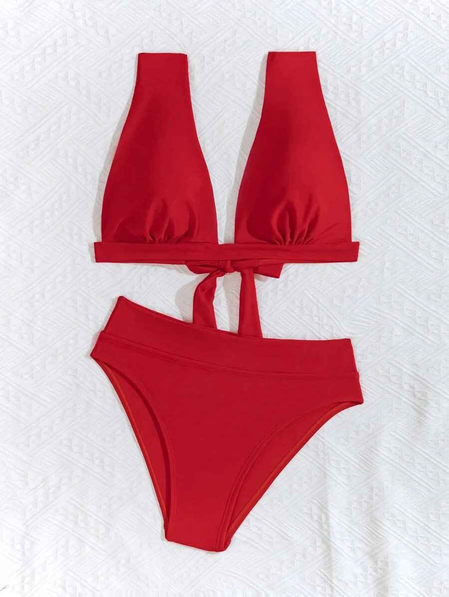 SHEIN Swim 女式高腰两件套比基尼套装（后系带）夏季海滩 - 紅色 - 查看 1