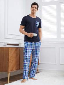 男士格紋印花家居服套裝 - 藏蓝色 - 查看 6
