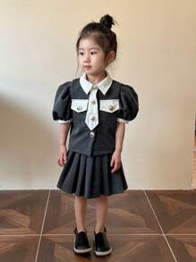 SHEIN Young Girl Two Tone Puff Sleeve Top & Pleated Skirt Set - Black - View 7