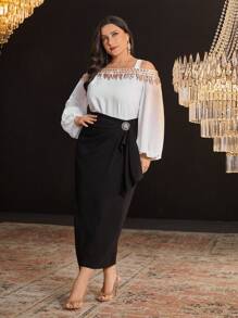 Modelyn Conjunto de Top de Manga Lanterna com Ombros Abertos e Saia com Design Colorblock Brilhante com Paetês, Vestido de Festa Elegante de Duas Peças para Tamanhos Grandes - Preto e Branco - Visão 4