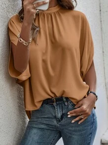 EMERY ROSE Tie Back Batwing Sleeve Solid Blouse - Brown - View 5