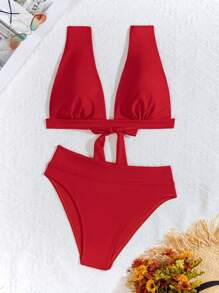 SHEIN Swim 女式高腰两件套比基尼套装（后系带）夏季海滩 - 紅色 - 查看 5