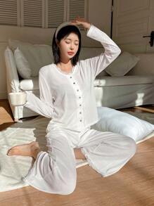 Bộ đồ ngủ tay dài phối ren đơn giản, vải gân, áo và quần dài mặc ở nhà - trắng - Xem 3