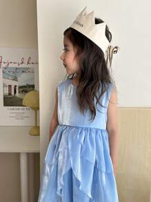 SHEIN Young Girl Solid Color Ruffled Sleeveless Dress - Blue - View 3