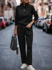 SHEIN LUNE Half Zip Sweatshirt & Drawstring Waist Sweatpants - Black - View 4