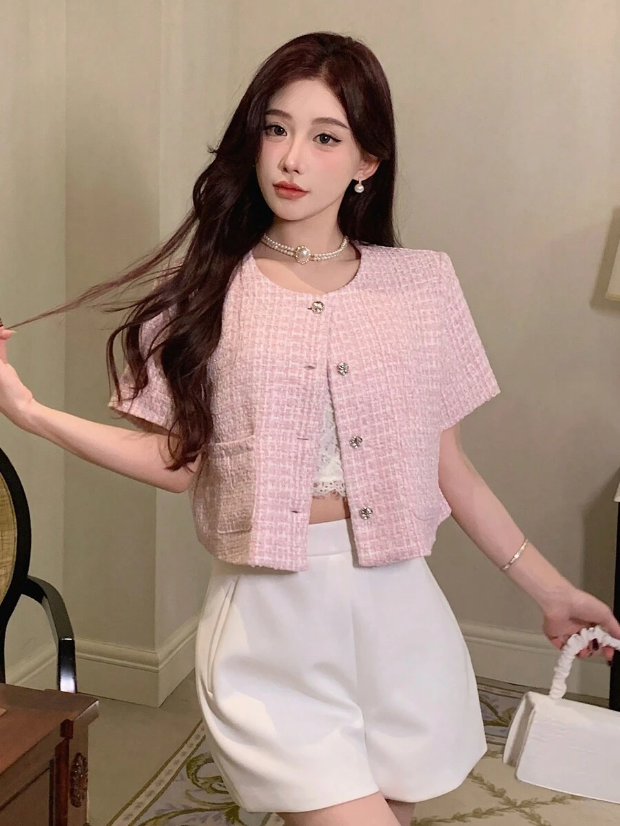 DAZY Women's Short-Sleeved Button-Up Jacket With Front Pockets - Pink - View 1