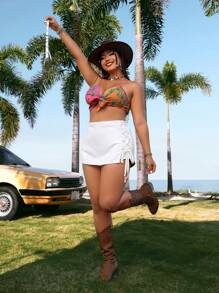 SHEIN ICON Plus Size Women's White Denim Mini Skorts, For Summer