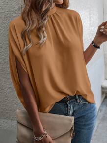 EMERY ROSE Tie Back Batwing Sleeve Solid Blouse - Brown - View 3