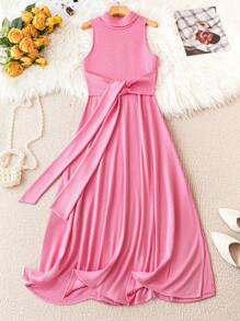 SHEIN Clasi 女士高領無袖打結腰身緊身連衣裙