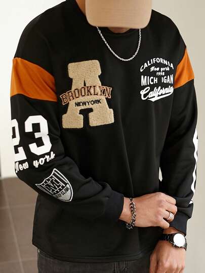  Aesthetic Post--Men Letter Printed Color Block Round Neck Long Sleeve T-Shirt, Boyfriend Gift, For Going Out, Academia, Men T-Shirt, Men Long Sleeve Casual T-Shirt, For Fall