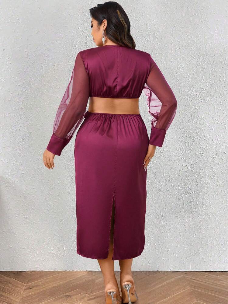Burgundy Red Women's Plus Size Contrast Mesh V-Neck Hollow Out Dress