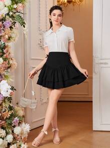 Thiếu niên Cô gái Thắt lưng rộng Hai lớp Váy Với Nơ Đồ trang trí Và Ruffled Hem - màu đen - Xem 4