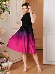 SHEIN Teen Girl Gradient Pleated Sleeveless Dress - Multicolor - View 3
