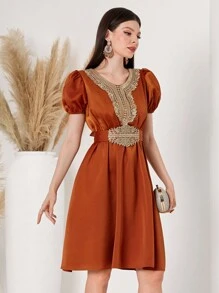 Robe À Ligne A À Manches Courtes Bouffantes Et Col Rond Pour Femme - Café - Voir 5