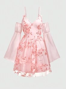 ROMWE Fairycore 3D花網片露肩森林女裝連衣裙 - 淺粉色 - 查看 1