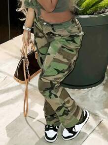 Jeans casuales rectos y holgados de mezclilla tipo cargo con camuflaje para niñas adolescentes