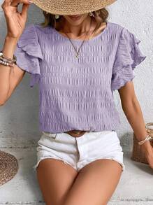 EMERY ROSE Women's Round Neck Ruffled Sleeve Blouse