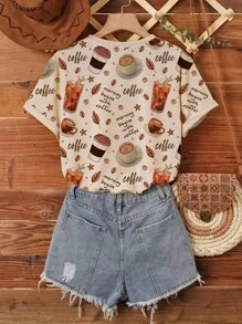 INAWLY 女士口号咖啡印花圆领 T 恤图案 T 恤女式上衣 - 卡其色 - 查看 2