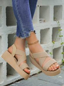2024 New Arrival 5cm Women's Elastic Strappy Sandals With Weaved Bottom And Satin Covered Wedge Heel, Khaki, Ideal For Summer And Beach Style - Khaki - View 3