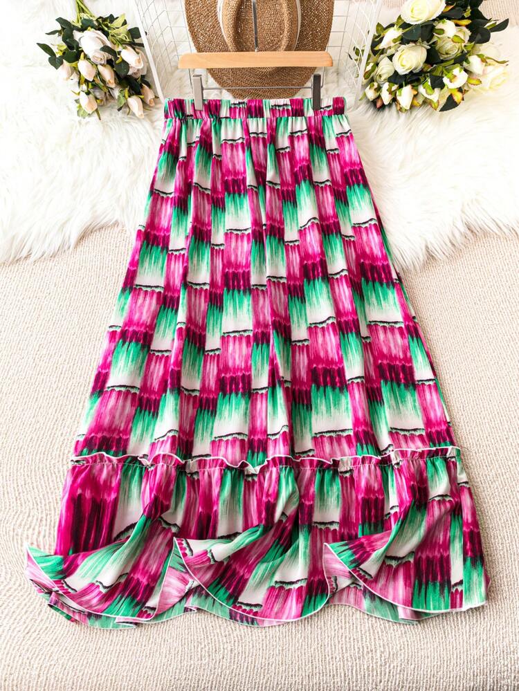 Plus Size Contrast Color Ruffle Hem Skirt