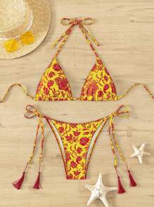 SHEIN Swim Conjunto de bikini con estampado floral de cuello de halter para mujeres - Multicolor - Ver 1