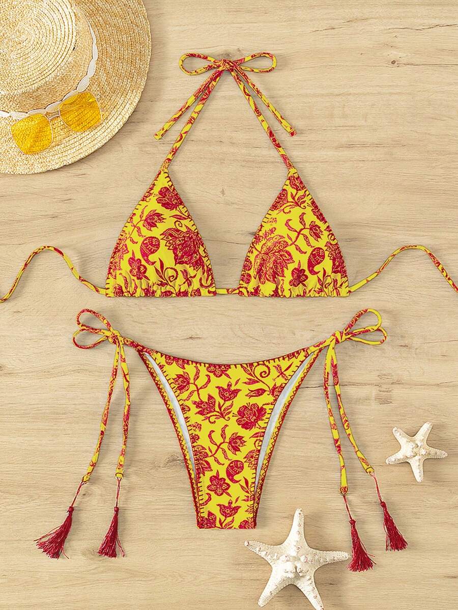 SHEIN Swim Conjunto de bikini con estampado floral de cuello de halter para mujeres - Multicolor - Ver 1