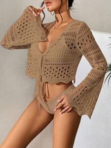 SHEIN Swim 女士夏季海灘空心花紋和服款式連帶裙 - 駝色 - 查看 6