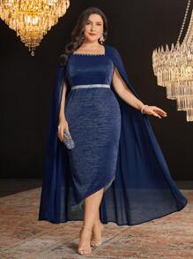 Modelyn Vestido de fiesta elegante de talla grande con cuello cuadrado, bajo asimétrico y mangas tipo murciélago, vestido largo para eventos de noche - azul real - Ver 7