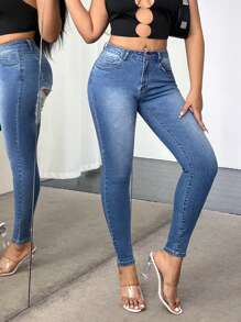 SHEIN SXY Women's Slim Fit Ripped Jeans - Blue - View 5