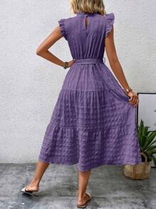 SHEIN LUNE Women's Stand Collar Cap Sleeve Dress With Frill Edging,Lavender Dress - Purple - View 2