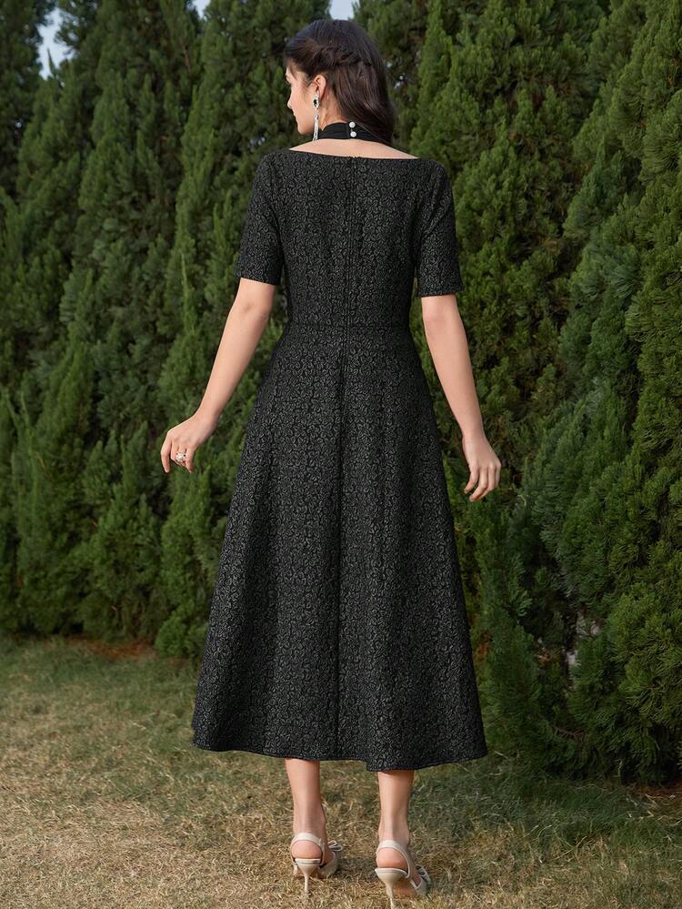 Women's Hollow Out Detail Short Sleeve Jacquard Dress Long Evening Dresses