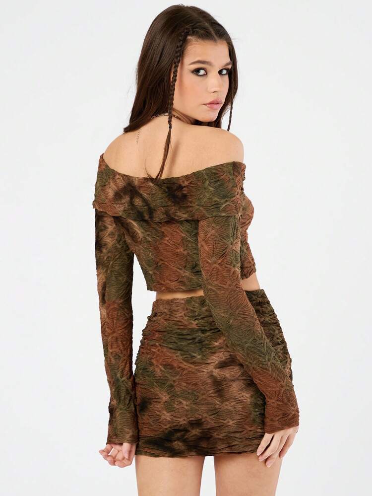 Women's Off Shoulder Long Sleeve Tie-Dye Top And Skirt Set